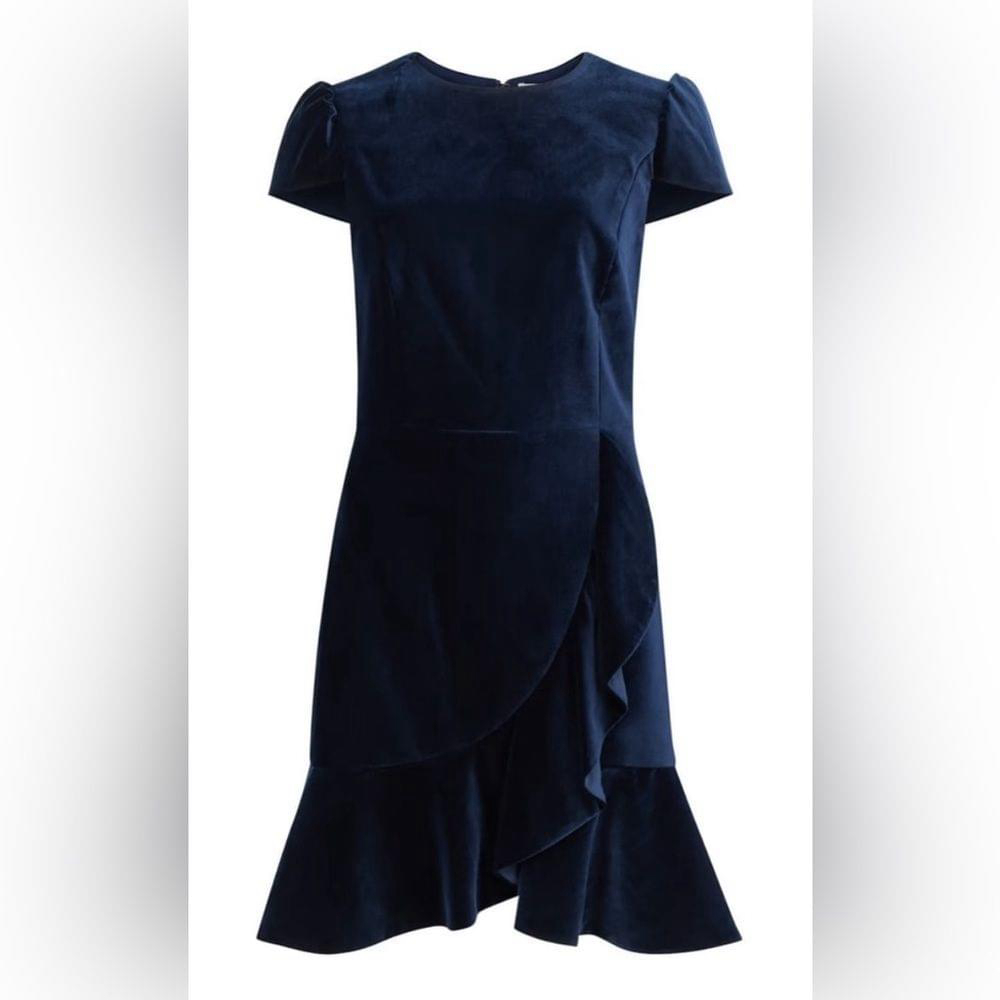 EUC Alice + Olivia Enid Ruffled Velvet Trimmed Dress Hem Navy Blue Size 8